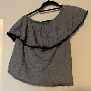 GUC LOFT One Shoulder Striped Ruffle Top with Black Fringe Detail